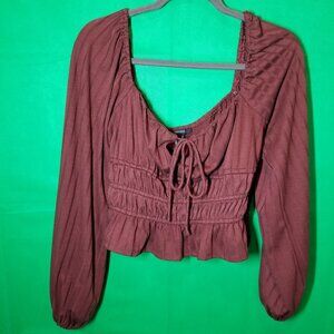 FOREVER 21 Cropped Peasant Milkmaid Crop Top Boho Hippie Gypsy Ruched Brown L